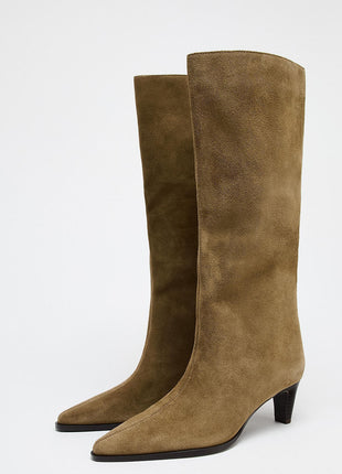 Brown Suede Knee High Kitten Heel Boots