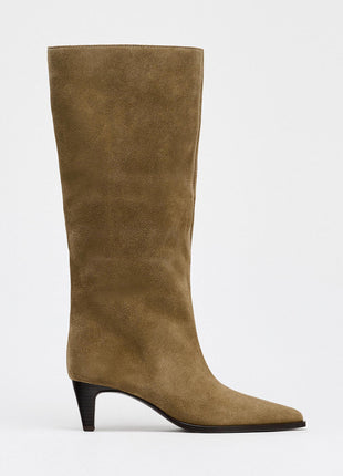 Brown Suede Knee High Kitten Heel Boots