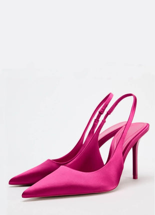 Satin-Effect Pointed Toe Slingback Stiletto Heels