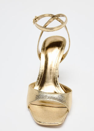 Metallic Gold Square Toe Ankle Strap High Heel Sandals
