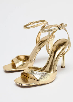 Metallic Gold Square Toe Ankle Strap High Heel Sandals