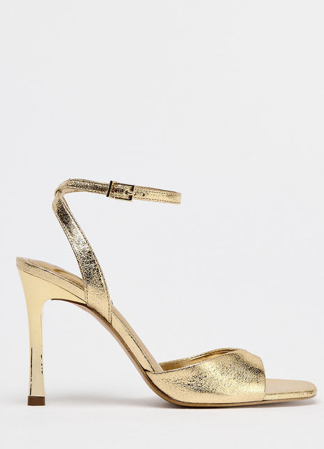 Metallic Gold Square Toe Ankle Strap High Heel Sandals