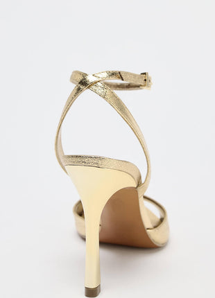Metallic Gold Square Toe Ankle Strap High Heel Sandals