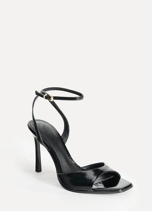 Faux Patent-Leather Square Toe Ankle Strap High Heel Sandals