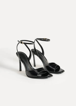 Faux Patent-Leather Square Toe Ankle Strap High Heel Sandals