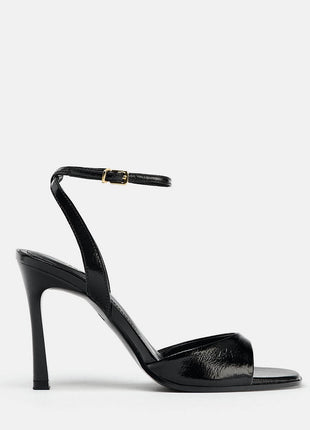 Faux Patent-Leather Square Toe Ankle Strap High Heel Sandals
