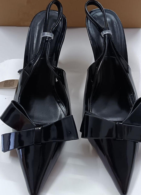 Patent-Leather Slingback Stiletto Heels With Bow