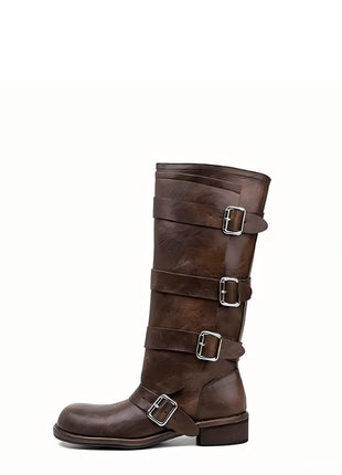 Calfskin Buckle Detail Mid-Calf Flat Boots
