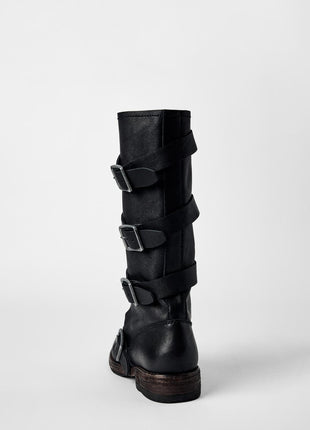 Calfskin Buckle Detail Mid-Calf Flat Boots
