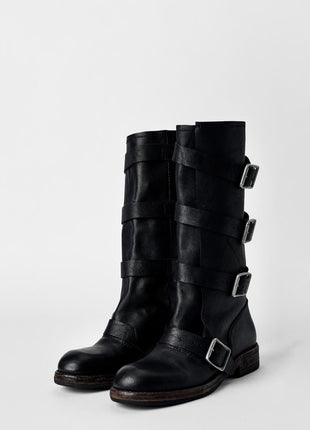 Calfskin Buckle Detail Mid-Calf Flat Boots