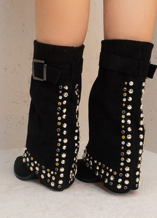 Faux Suede Studded And Crystal-Embellished Cowboy Fold Over Mid-Calf Boots