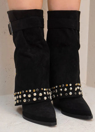 Faux Suede Studded And Crystal-Embellished Cowboy Fold Over Mid-Calf Boots