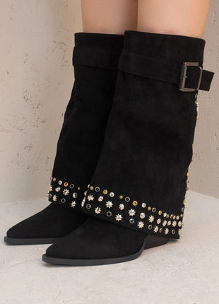 Faux Suede Studded And Crystal-Embellished Cowboy Fold Over Mid-Calf Boots
