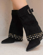 Faux Suede Studded And Crystal-Embellished Cowboy Fold Over Mid-Calf Boots