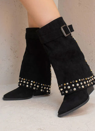 Faux Suede Studded And Crystal-Embellished Cowboy Fold Over Mid-Calf Boots
