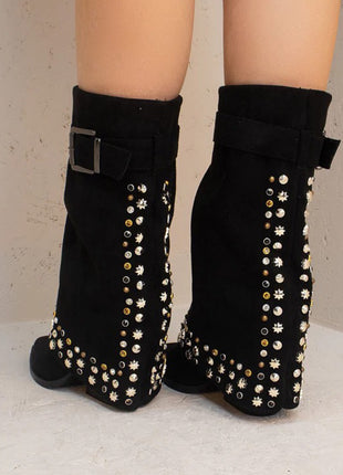 Faux Suede Studded And Crystal-Embellished Cowboy Fold Over Mid-Calf Boots