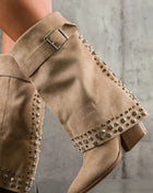 Faux Suede Studded And Crystal-Embellished Cowboy Fold Over Mid-Calf Boots