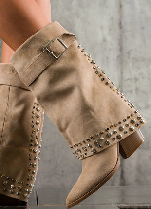 Faux Suede Studded And Crystal-Embellished Cowboy Fold Over Mid-Calf Boots