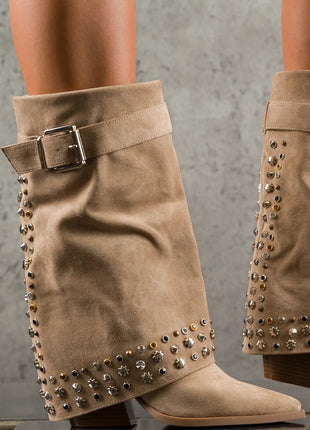 Faux Suede Studded And Crystal-Embellished Cowboy Fold Over Mid-Calf Boots
