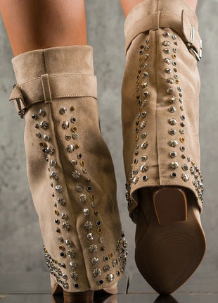 Faux Suede Studded And Crystal-Embellished Cowboy Fold Over Mid-Calf Boots