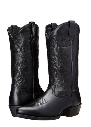 Black Embroidered Western Cowboy Pointed-Toe Mid-Calf Boots