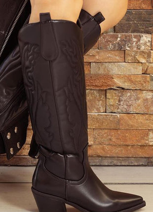 Black Embroidered Western Cowboy Pointed-Toe Mid-Calf Boots