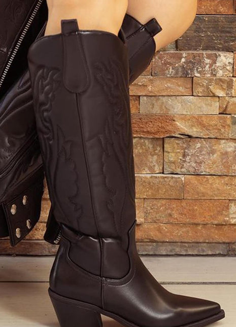 Black Embroidered Western Cowboy Pointed-Toe Mid-Calf Boots