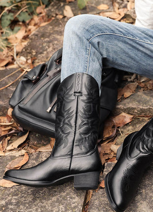 Black Embroidered Western Cowboy Pointed-Toe Mid-Calf Boots