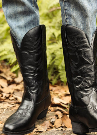 Black Embroidered Western Cowboy Pointed-Toe Mid-Calf Boots