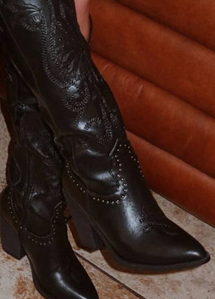 Studded Detail Western Cowgirl Knee High Boots