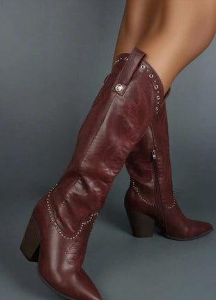 Studded Detail Western Cowgirl Knee High Boots