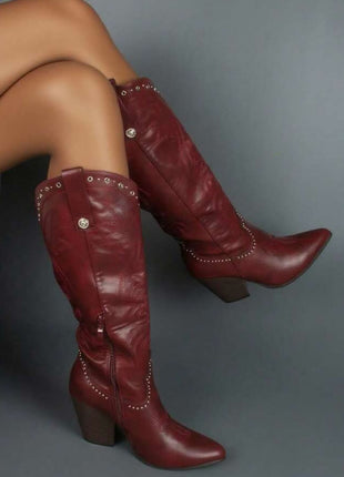 Studded Detail Western Cowgirl Knee High Boots