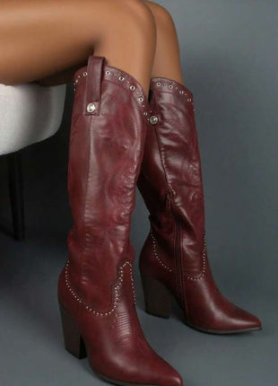 Studded Detail Western Cowgirl Knee High Boots