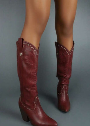 Studded Detail Western Cowgirl Knee High Boots