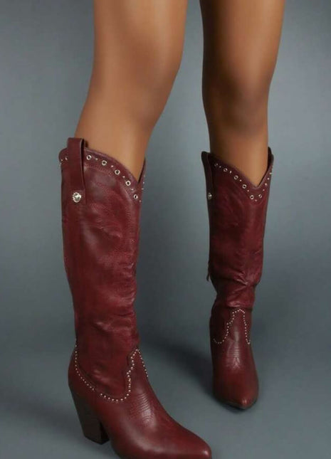 Studded Detail Western Cowgirl Knee High Boots