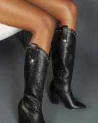 Studded Detail Western Cowgirl Knee High Boots