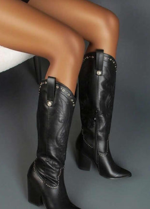 Studded Detail Western Cowgirl Knee High Boots