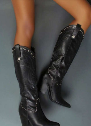 Studded Detail Western Cowgirl Knee High Boots