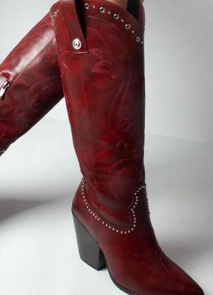 Studded Detail Western Cowgirl Knee High Boots