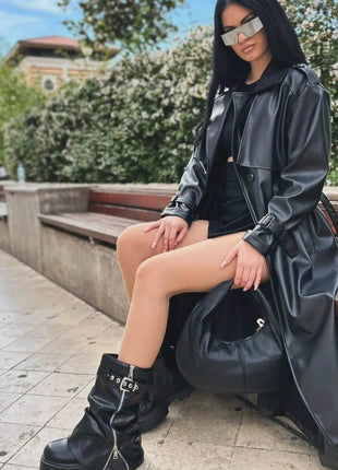 Pu Fold Over Mid-Calf Chunky Platform Zip Boots