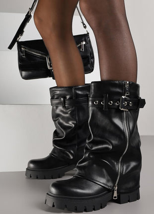 Pu Fold Over Mid-Calf Chunky Platform Zip Boots
