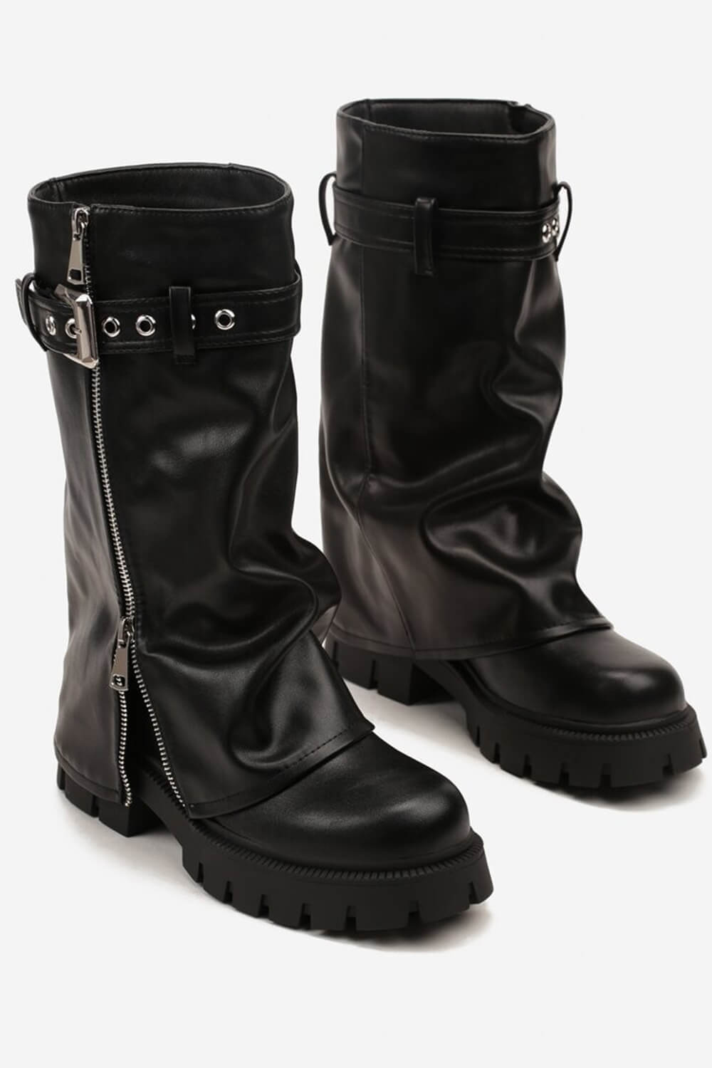 Pu Fold Over Mid-Calf Chunky Platform Zip Boots – FloralKini