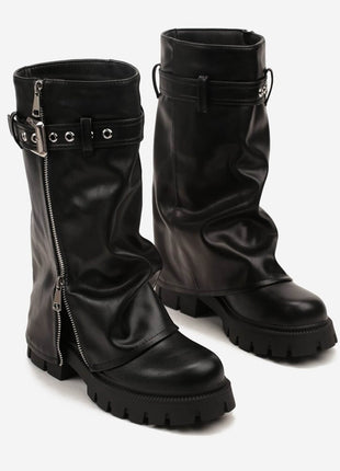 Pu Fold Over Mid-Calf Chunky Platform Zip Boots