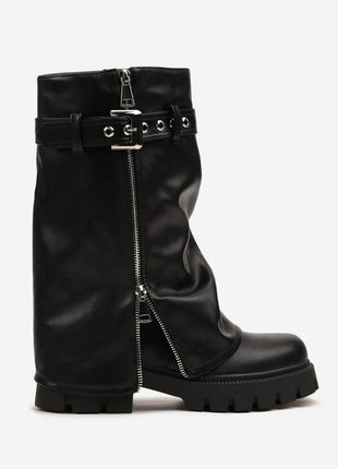 Pu Fold Over Mid-Calf Chunky Platform Zip Boots