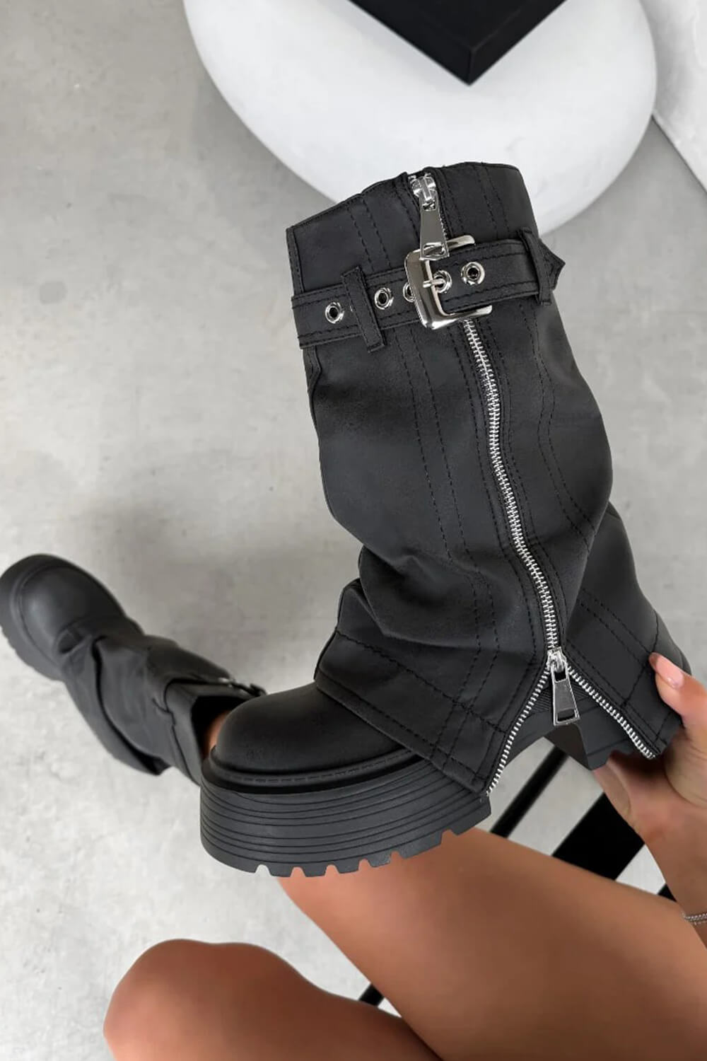 Pu Fold Over Mid-Calf Chunky Platform Zip Boots – FloralKini