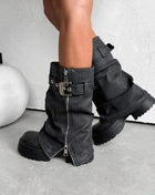 Pu Fold Over Mid-Calf Chunky Platform Zip Boots