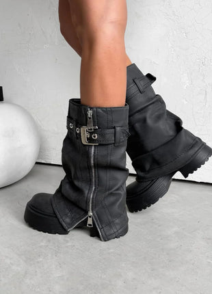 Pu Fold Over Mid-Calf Chunky Platform Zip Boots