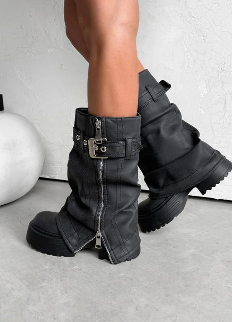 Pu Fold Over Mid-Calf Chunky Platform Zip Boots