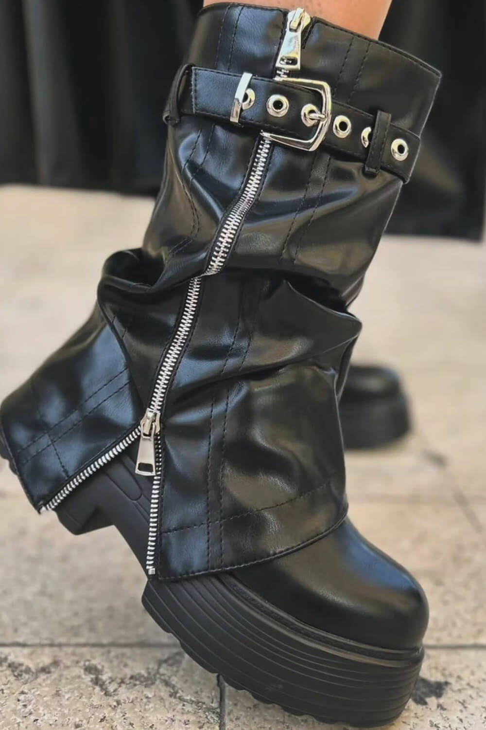 Pu Fold Over Mid-Calf Chunky Platform Zip Boots – FloralKini