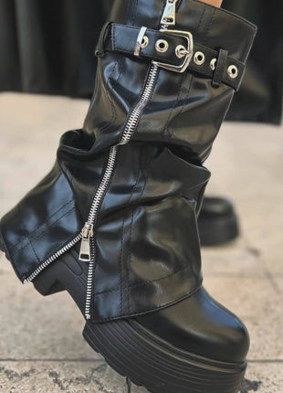 Pu Fold Over Mid-Calf Chunky Platform Zip Boots